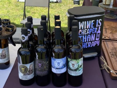 Table holding several bottles of honey mead