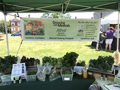 Tablefull of assorted leafy green vegetables under a sign advertising Growing with Minerals